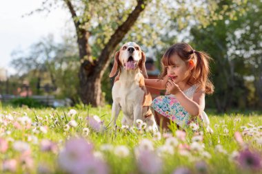 mutlu küçük kız bahçede köpekle oynayan.