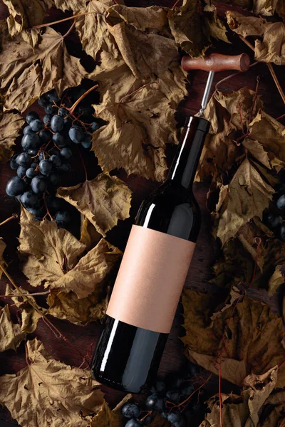 Bottiglia di vino rosso con cavatappi. Su un tavolo ha asciugato foglie di vite — Foto Stock