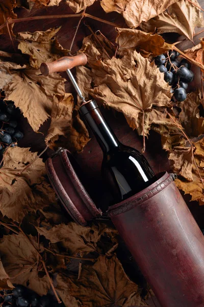 Flaska rödvin med korkskruv. På ett bord torkade vinblad — Stockfoto