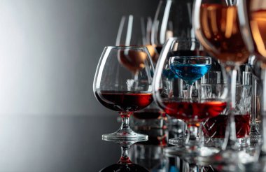 Siyah bir yansıma üzerine çeşitli alkollü içecekler.