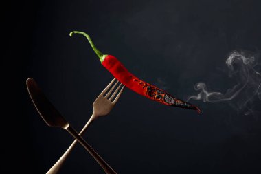 Kırmızı biber çatalda sigara içiyor. Baharat konsepti. 