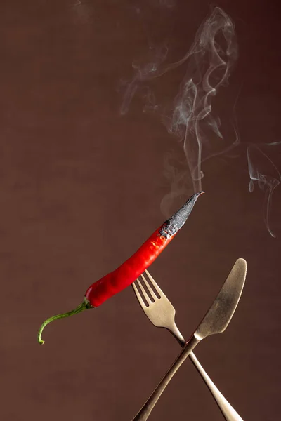 Pimienta roja picante fumando en un tenedor. Concepto de especias . — Foto de Stock