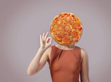 Woman with a pizza for a head showing OK sign. 