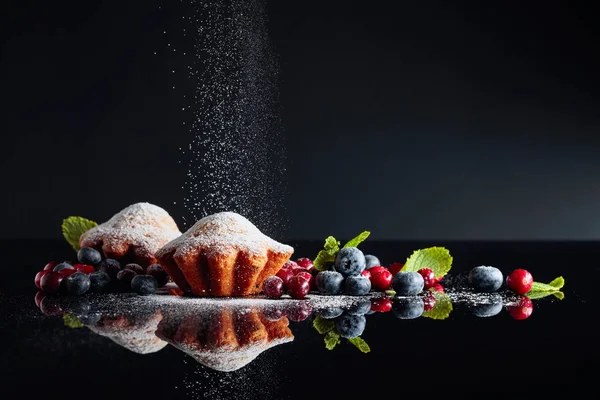 Cranberry and blueberry muffins sprinkled with sugar powder on a — Stock Photo, Image