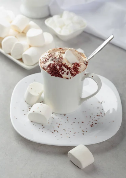 Warme chocolademelk met marshmallows bestrooid met chocoladekruimels. — Stockfoto