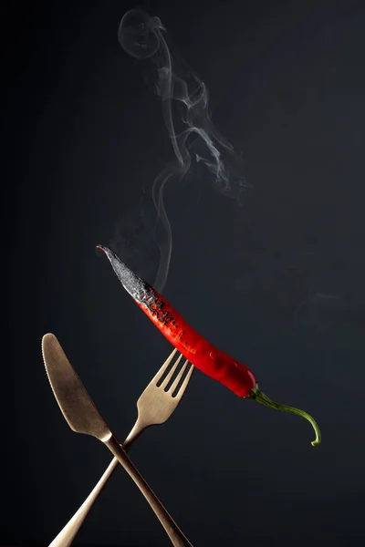 Pimienta roja picante fumando en un tenedor. Concepto de especias . — Foto de Stock