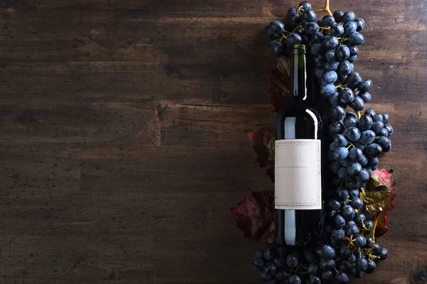 Виноград и бутылка красного вина. Старая пустая бумажная этикетка. — стоковое фото