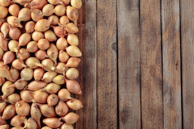 eski ahşap bir masa üzerine soğan. 