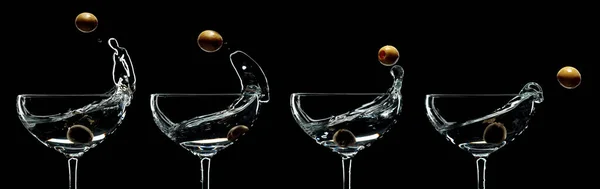 Set Martini Splash Silhouette Martini Con Olive Verdi Fondo Nero — Foto Stock