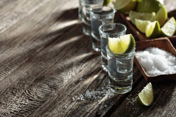 Tequila Salt Lime Slices Old Wooden Table — Stock Photo, Image