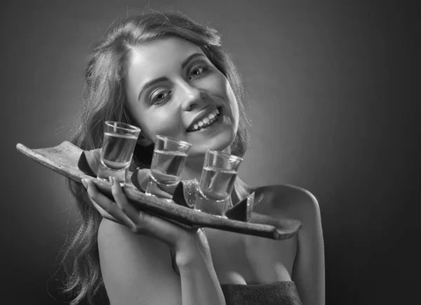 Beautiful Woman Glasses Tequila Lime Slices Black White — Stock fotografie