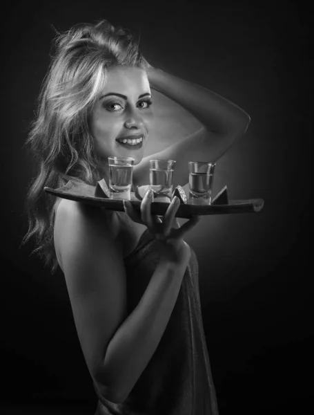 Beautiful Woman Glasses Tequila Lime Slices Black White — Stock fotografie