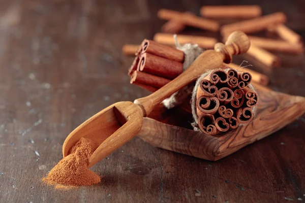 Cinnamon Sticks Powder Old Wooden Table — Stock Photo, Image