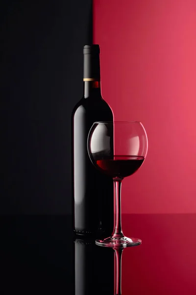 Glass Bottle Red Wine Black Reflective Background Free Space Your — 스톡 사진