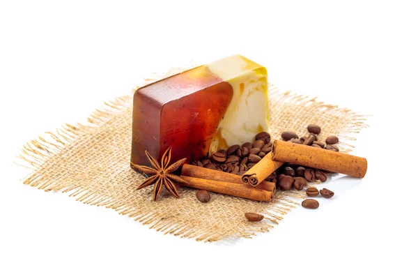 Handmade Soap Bar Coffee Cinnamon Organic Soap Spa Treatments Isolated — Stock Photo, Image