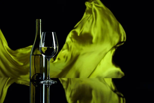 Glass Bottle White Wine Black Reflective Background Green Satin Curtain — Stock Photo, Image