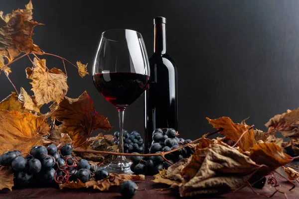Bottiglia Bicchiere Vino Rosso Tavolo Con Foglie Vite Appassite Uva — Foto Stock