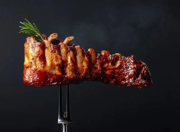 Grilled Pork Ribs Rosemary Fork Copy Space — Stock Photo, Image