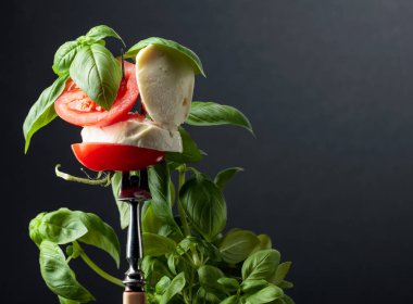 Siyah arka planda domates ve fesleğenli Mozzarella. Boşluğu kopyala.