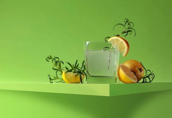 Gin Tonic Cocktail Lemon Rosemary Green Background Carbonated Drink Copy — Stock Photo, Image