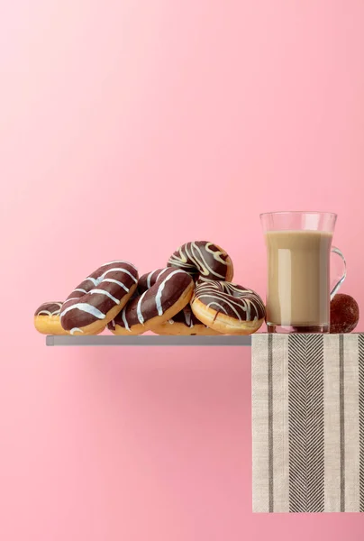 Chocolate Donuts Latte Pink Background Copy Space — Stock Photo, Image