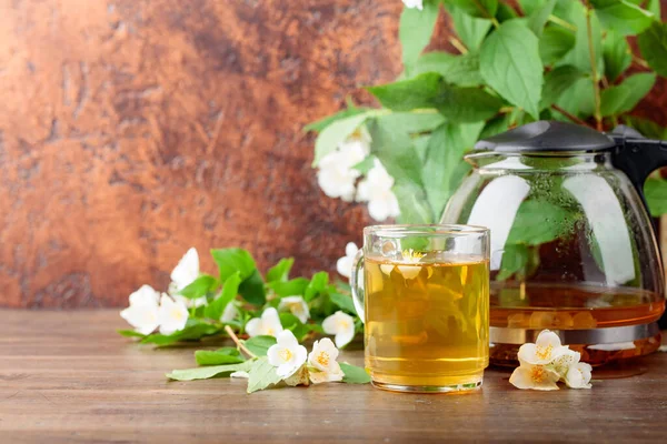 Green Tea Jasmine Old Wooden Table Copy Space — Stock Photo, Image
