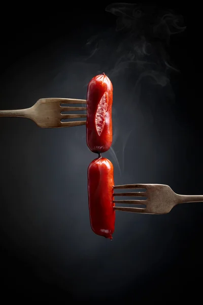 Grilled Sausages Forks Black Background Copy Space — Stock Photo, Image