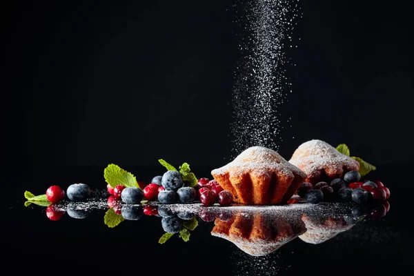 Cranberry Blueberry Muffins Sprinkled Sugar Powder Black Reflective Background Muffins — Stock Photo, Image