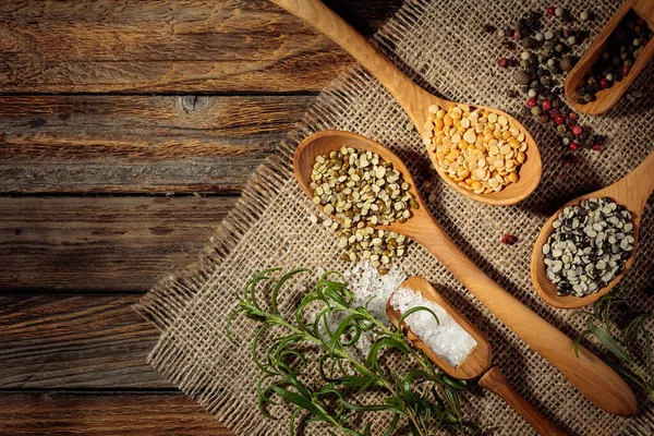 Various Raw Lentils Rosemary Salt Pepper Top View Copy Space — Stock Photo, Image
