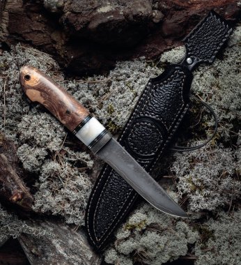 Avcı el yapımı bıçakla ormanda yosun tutmuş. Bıçağın yüzeyi - oyma, dövülme izleri. Sapı - yerleştirilmiş akrister, Japon akçaağacı.