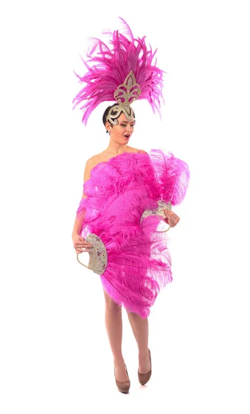 Beautiful Cabaret Dancer Headdress Feathers Rhinestones Attractive Girl Fan Pink — Stock Photo, Image