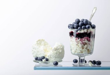 Böğürtlen reçelli süzme peynir ve beyaz arka planda taze böğürtlen. Boşluğu kopyala.