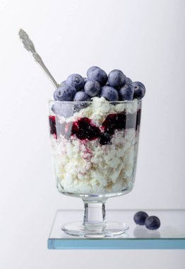 Böğürtlen reçelli süzme peynir ve beyaz arka planda taze böğürtlen. Boşluğu kopyala.