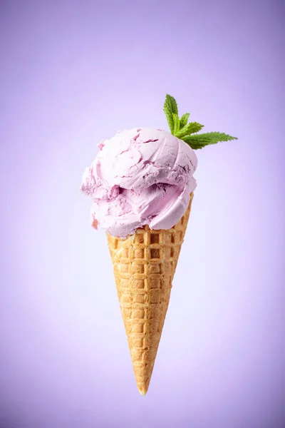 Черничное Мороженое Мятой Вафельном Конусе — стоковое фото