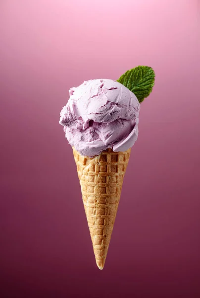 Helado Arándanos Con Menta Cono Gofre —  Fotos de Stock