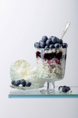 Böğürtlen reçelli süzme peynir ve beyaz arka planda taze böğürtlen. Boşluğu kopyala.