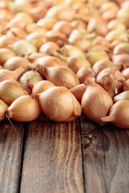 Eski ahşap bir masada soğan. Seçici odak.