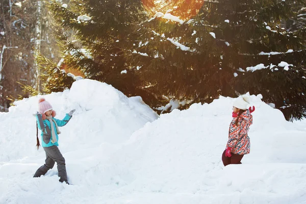 Dwie dziewczynki bawią się w winter park — Zdjęcie stockowe