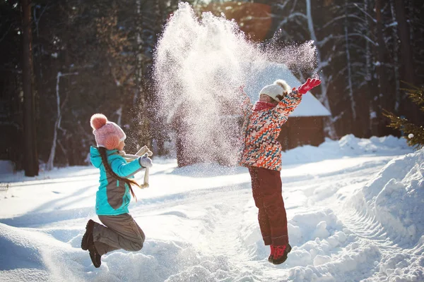 Dwie dziewczynki bawią się w winter park — Zdjęcie stockowe
