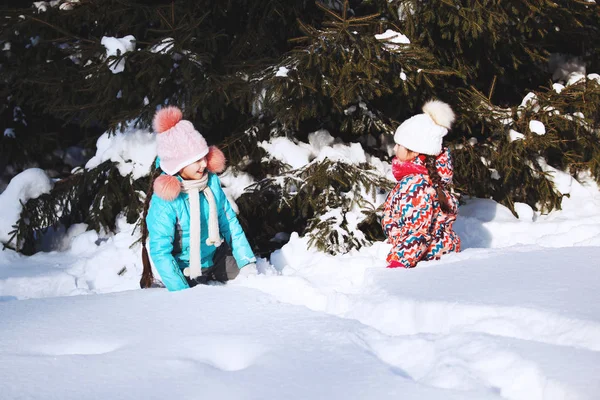 Dwie dziewczynki bawią się w winter park — Zdjęcie stockowe