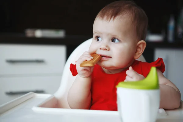 लाल ड्रेसमध्ये बाळ मुलाच्या खुर्चीवर बसला आहे — स्टॉक फोटो, इमेज