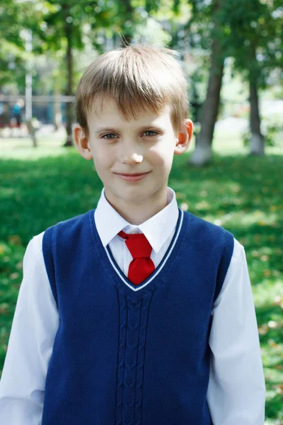 Szczęśliwy chłopiec w mundurek szkolny — Zdjęcie stockowe