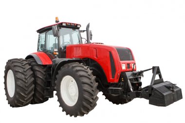 Yeni kırmızı tractornew kırmızı izole, büyük tekerlekli tarım traktör modernize