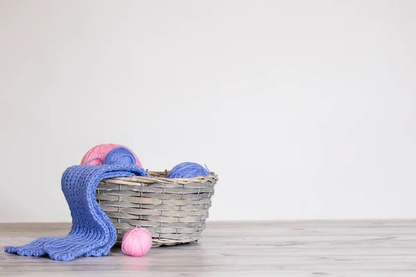 Basket with balls of wool.