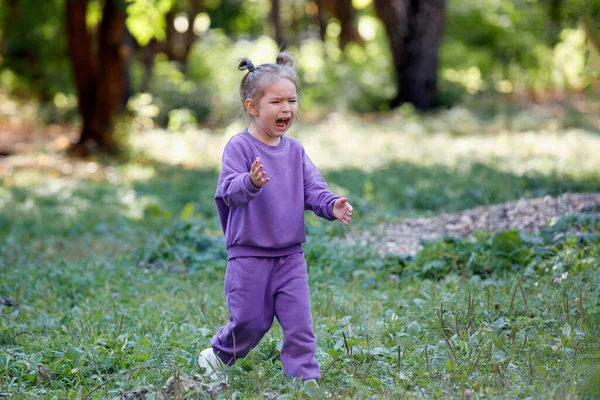 Klein Meisje Een Paars Pak Boos Huilt Een Zomer Stadspark — Stockfoto