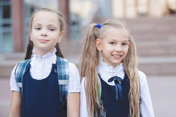 Deux Écolières Adolescentes Uniforme Avec Des Queues Cheval Des Tresses — Photo