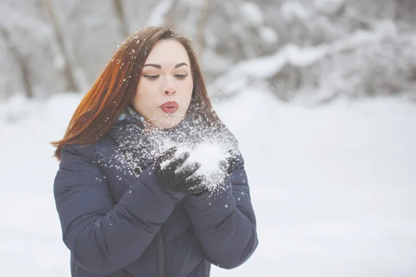 Young Pretty Woman Blue Scarf Jacket Long Hair Blows Snow — ストック写真