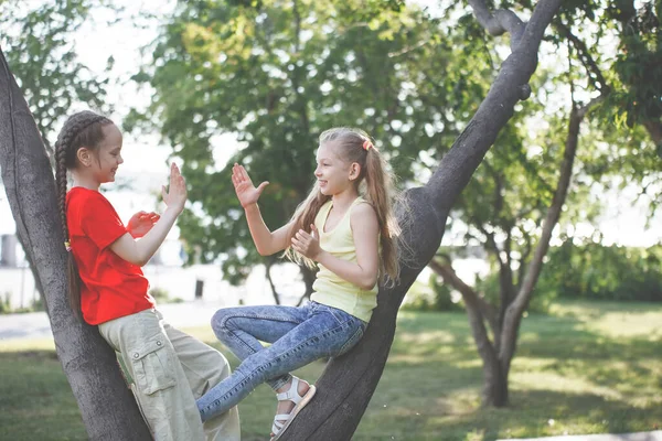 Twee Tienermeisjes Klimmen Bomen Lachen Lachen Zomer Het Stadspark — Stockfoto