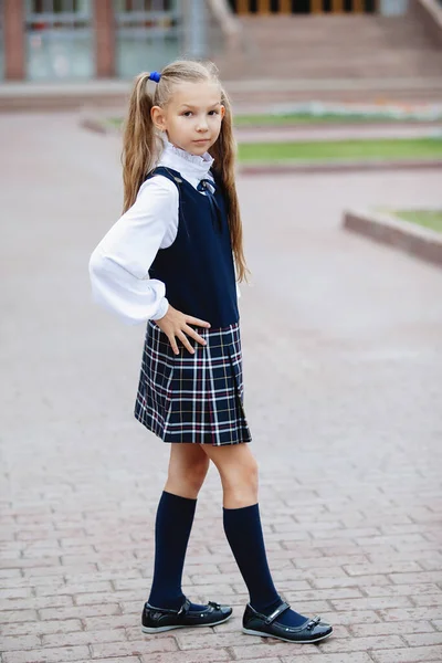 Cute teenager schoolgirl in uniform with ponytails in a plaid skirt, posing for the camera.