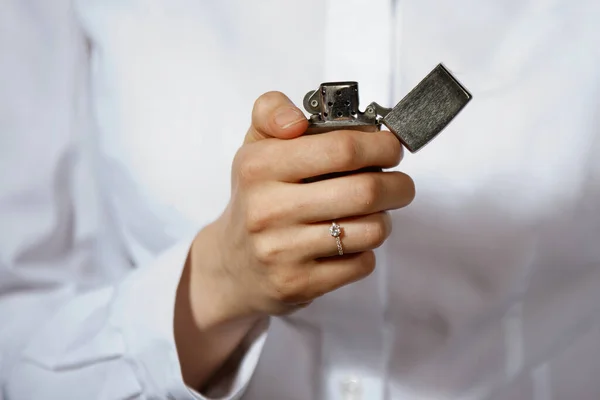 Woman White Shirt Lighter Hand — Stock Photo, Image